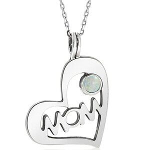 Handmade 925 In  Sterling Silver Heart  - Mom Necklace with White Opal Gemstone